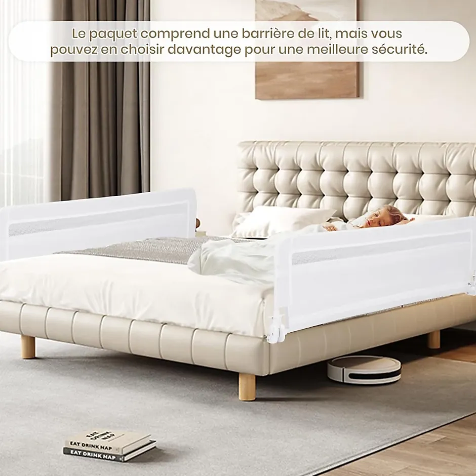 Barriere de Securite Enfant 120 cm, Barrière de Lit Bébé Rabattable avec Cadre en Métal, Housse Amovible, Blanc-Giantex Best