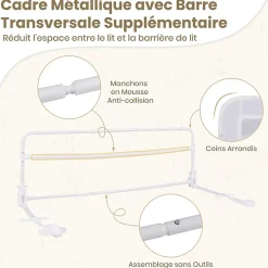 Barriere de Securite Enfant 120 cm, Barrière de Lit Bébé Rabattable avec Cadre en Métal, Housse Amovible, Blanc-Giantex Best