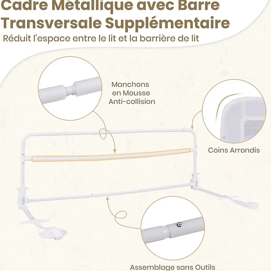 Barriere de Securite Enfant 120 cm, Barrière de Lit Bébé Rabattable avec Cadre en Métal, Housse Amovible, Blanc-Giantex Best