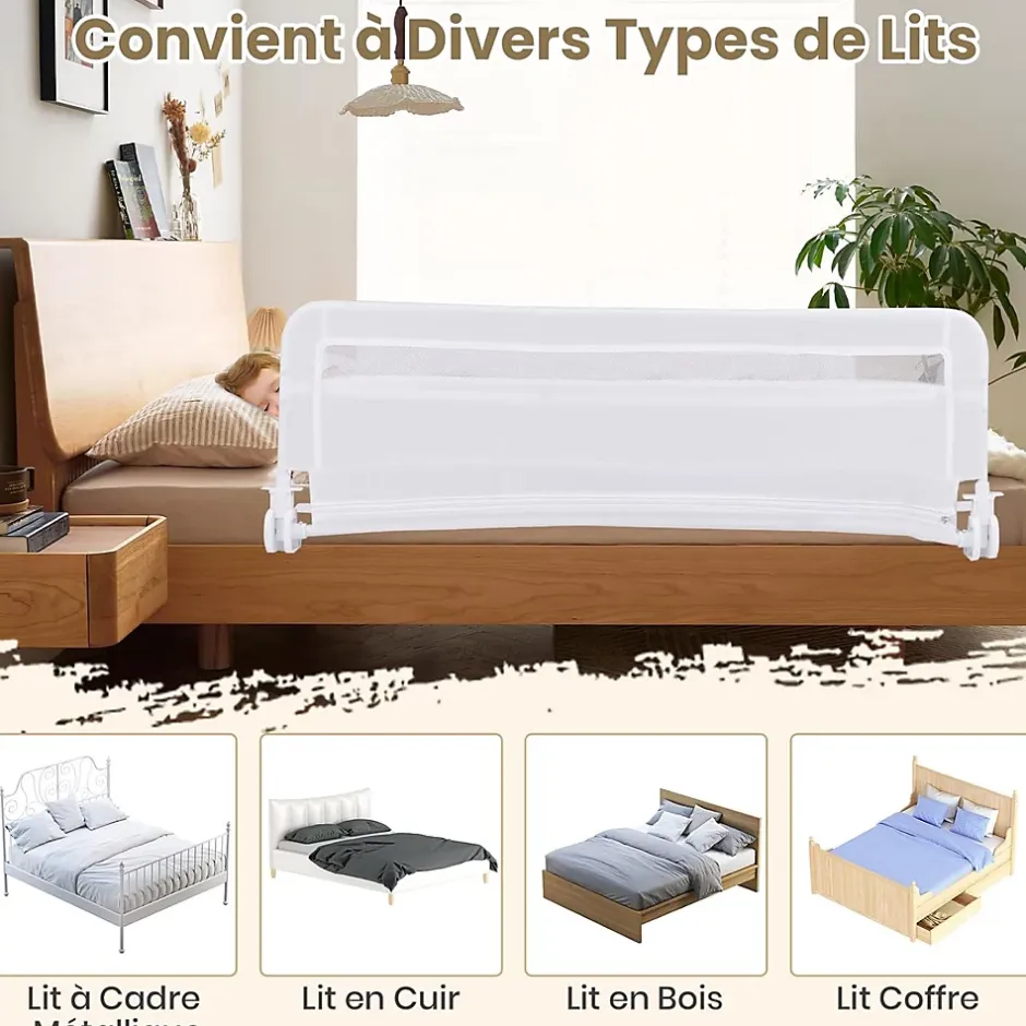 Barriere de Securite Enfant 120 cm, Barrière de Lit Bébé Rabattable avec Cadre en Métal, Housse Amovible, Blanc-Giantex Best