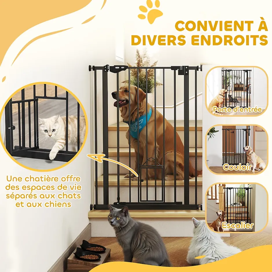 Barrière de sécurité animaux réglable L.74-80 cm porte double verrouillage petite porte sans perçage-PawHut Best