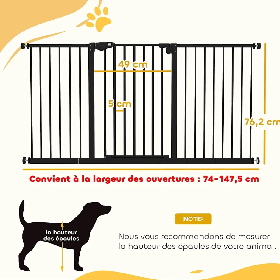 PawHut Barrière de sécurité longueur réglable porte double verrouillage sans perçage acier plastique noir