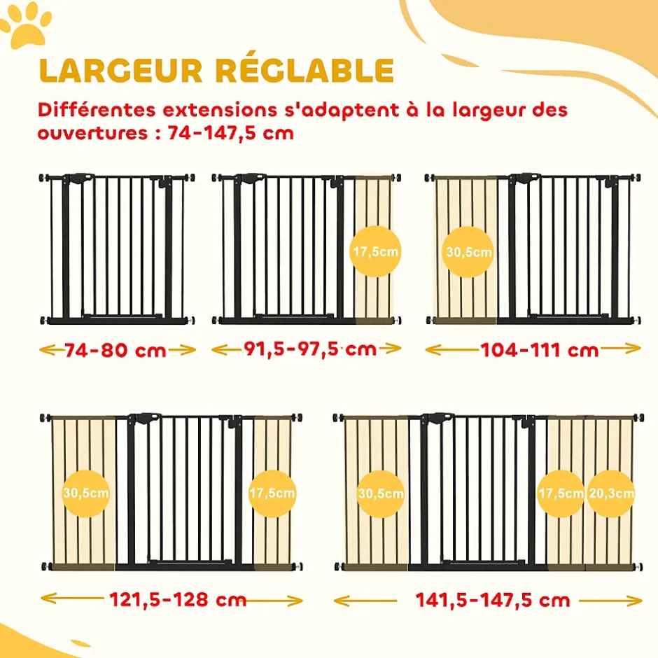 PawHut Barrière de sécurité longueur réglable porte double verrouillage sans perçage acier plastique noir