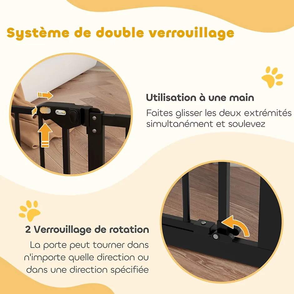 PawHut Barrière de sécurité longueur réglable porte double verrouillage sans perçage acier plastique noir