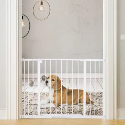 PawHut Barrière de sécurité longueur réglable dim. 76-107l x 76H cm sans perçage métal plastique blanc