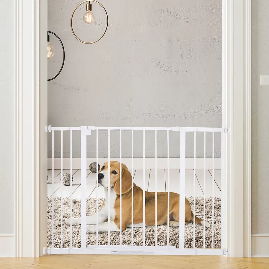 PawHut Barrière de sécurité longueur réglable dim. 76-107l x 76H cm sans perçage métal plastique blanc