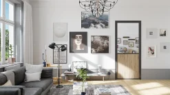 Optimum Bloc Porte Contemporain H. 204 X 83 X 3 cm cadre en aluminium noir et verre transparent chêne terra Droit