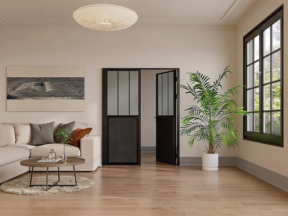 Vente-unique Bloc porte réversible à deux battants en aluminium et verre trempé dépoli style atelier - 2 x H204 x L73 cm - Noir - ERMELO