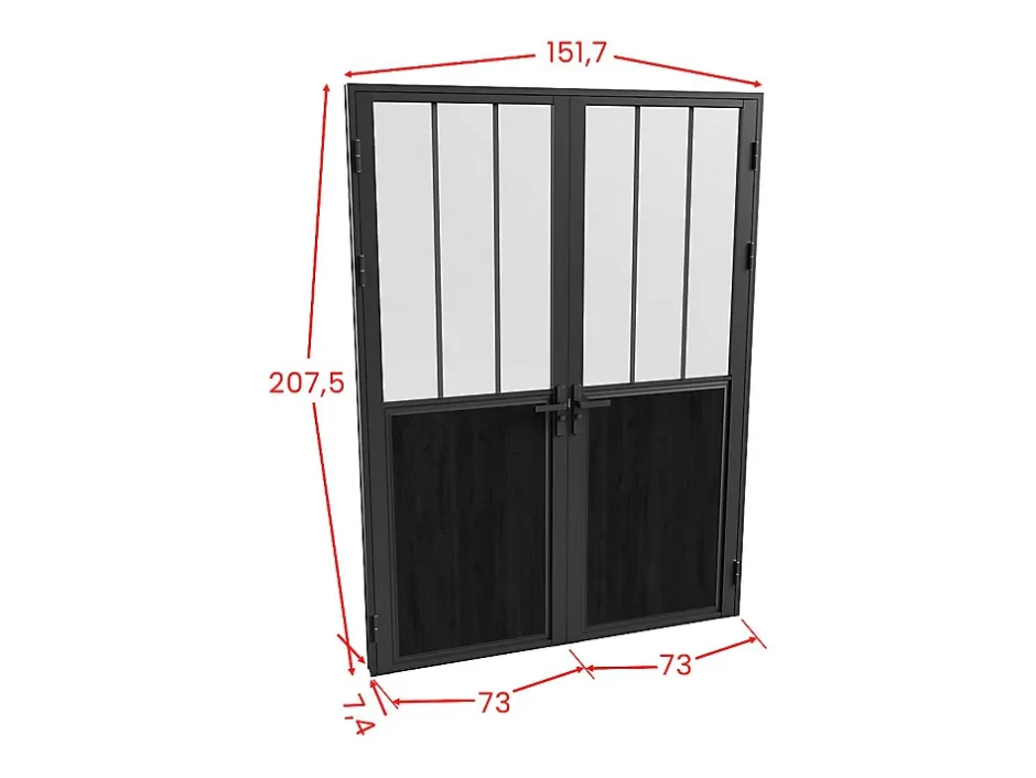 Vente-unique Bloc porte réversible à deux battants en aluminium et verre trempé dépoli style atelier - 2 x H204 x L73 cm - Noir - ERMELO