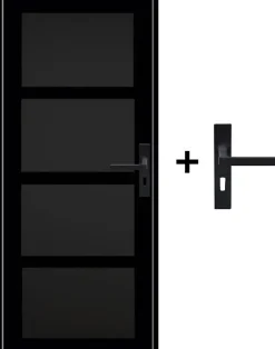 Bloc Porte Telia Noir 4 Panneaux H204 X L83 Côte Tableau P.gauche,poignee-Gd Menuiseries New