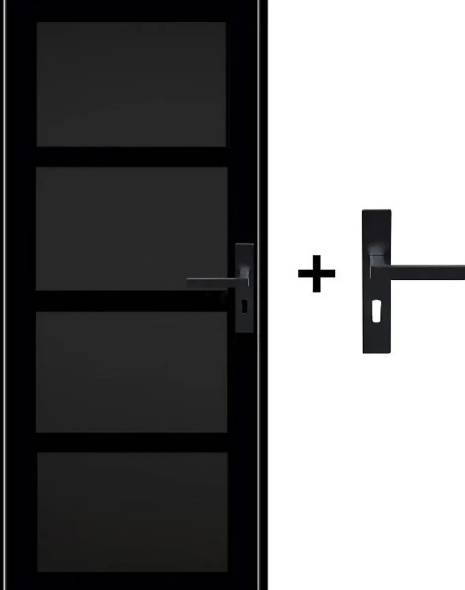 Bloc Porte Telia Noir 4 Panneaux H204 X L83 Côte Tableau P.gauche,poignee-Gd Menuiseries New