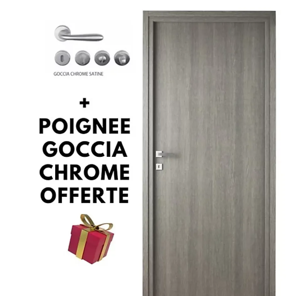 Bloc-porte fin de chantier Essence Gris, H.204 l.73cm, réversible + poignée Goccia chrome à clé OFFERTE-Porta la casa Online
