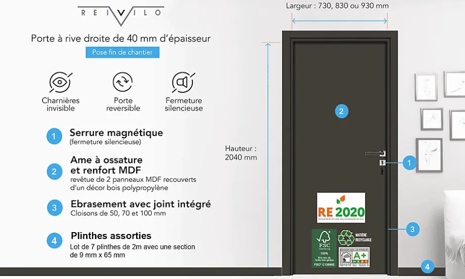 Bloc-porte Liberto, 93 cm, pré-peint-Reivilo New