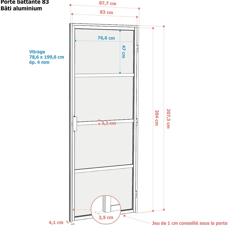 Bloc-porte Loft 4 carreaux vitrés transparents, poussant gauche, coloris noir mat H.213 x l.83cm- Best