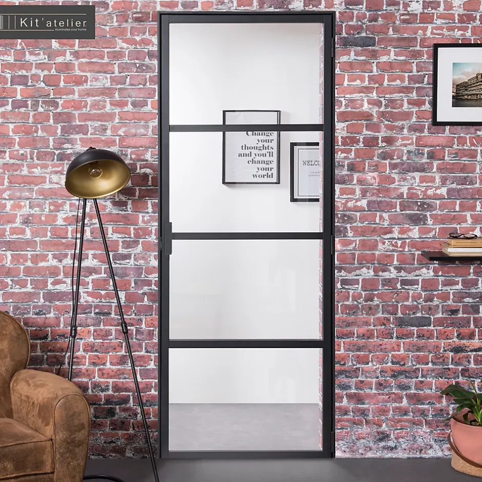 Bloc-porte Loft 4 carreaux vitrés transparents, poussant gauche, coloris noir mat H.213 x l.83cm- Best