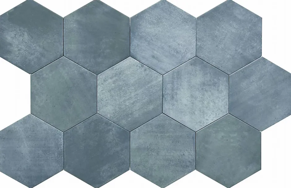 Carreau Hexagonal en Grès Cérame Effet Ciment. Série Denia Bleu 14x16 cm-Lux Mosaic Discount