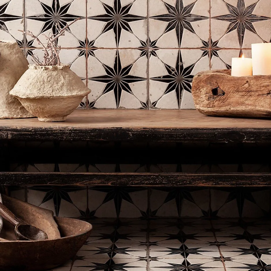 Concept Mosaïque Carrelage carreaux de ciment FS STAR Black LT 45x45 Etoile noire texturee