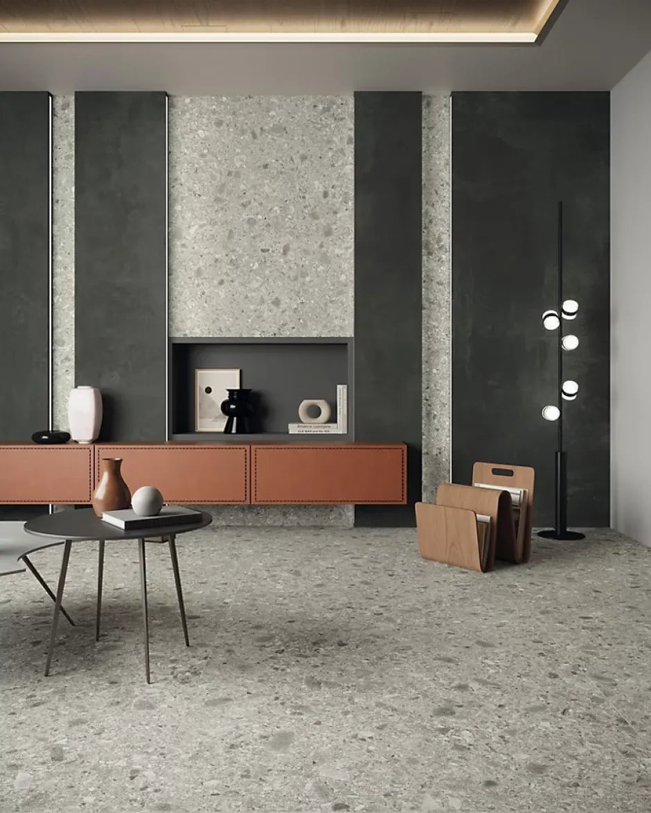 Carrelage effet Béton Gris Nuit 278x120x0,6 cm Mat Gravino - Mur intérieur (vendu par carton de 3,336 m²) --Ro'Ma Carrelage Outlet