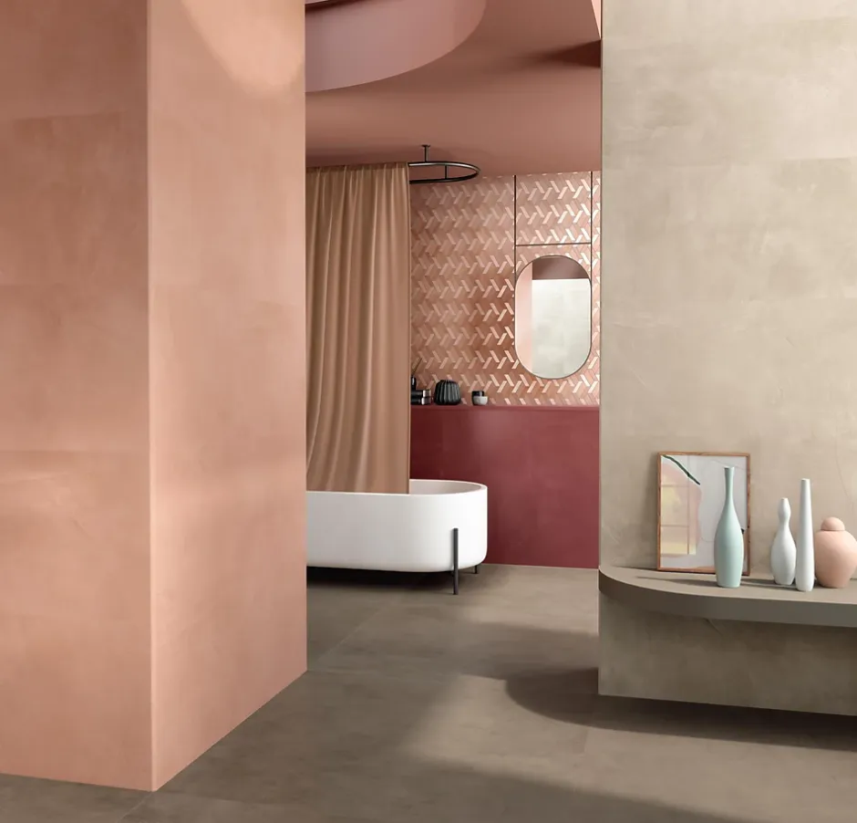 Carrelage effet Enduit Rouge Argile 120x50x0,85 cm Mat Calviro - Mur intérieur (vendu par carton de 1,8 m²) --Ro'Ma Carrelage Best