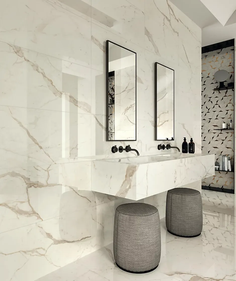 Ro'Ma Carrelage Carrelage effet Marbre Blanc Calacatta Prima 80x40x0,85 cm Brillant Faventa - Mur intérieur (vendu par carton de 1,28 m²) - RO'MA