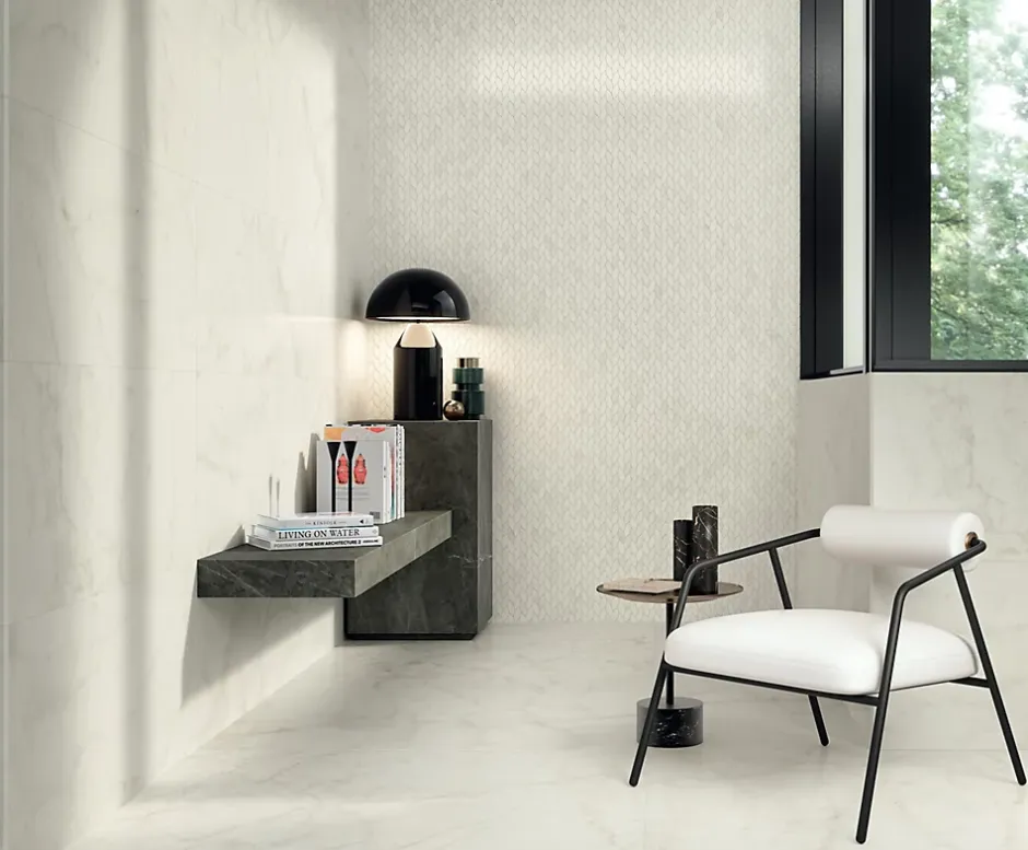 Carrelage effet Marbre Blanc Calacatta Celeste 120x50x0,85 cm Silk Faventa - Mur intérieur (vendu par carton de 1,8 m²) - RO'MA CA-Ro'Ma Carrelage Sale