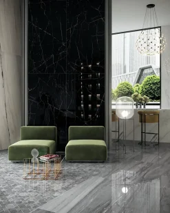 Ro'Ma Carrelage Carrelage effet Marbre Noir Scuro 278x120x0,6 cm Brillant Magnaro - Mur intérieur (vendu par carton de 3,336 m²) -