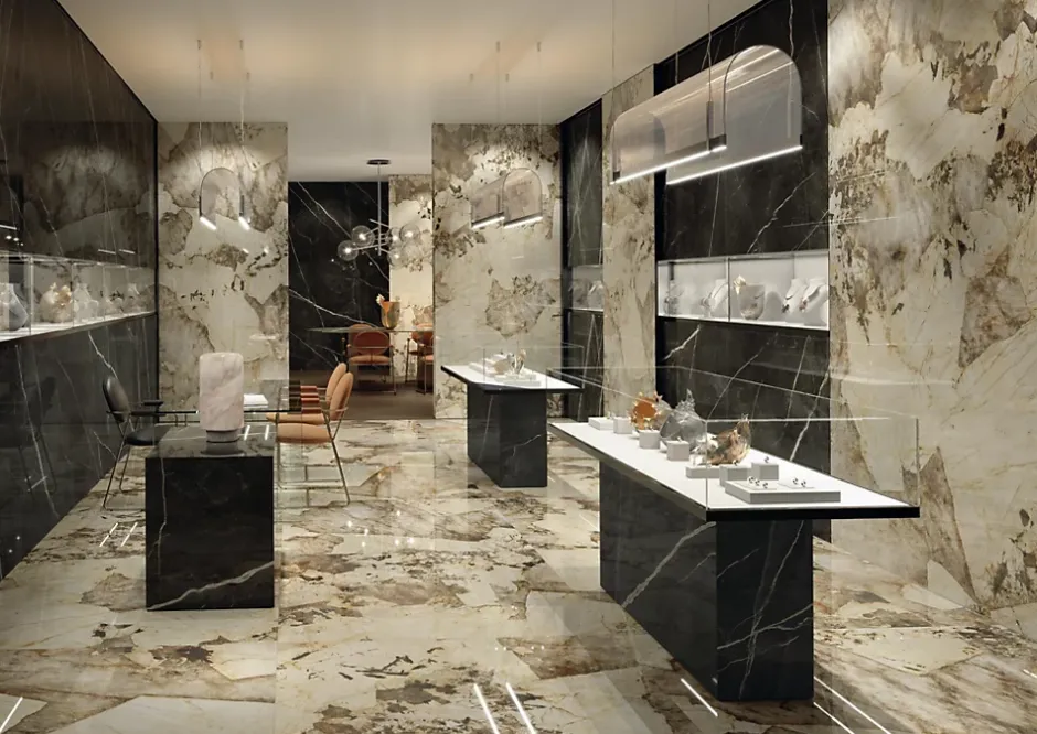 Ro'Ma Carrelage Carrelage effet Pierre Onyx Sable 278x120x0,6 cm Brillant Florenza - Mur intérieur (vendu par carton de 3,336 m²) - RO'MA CARRELAG