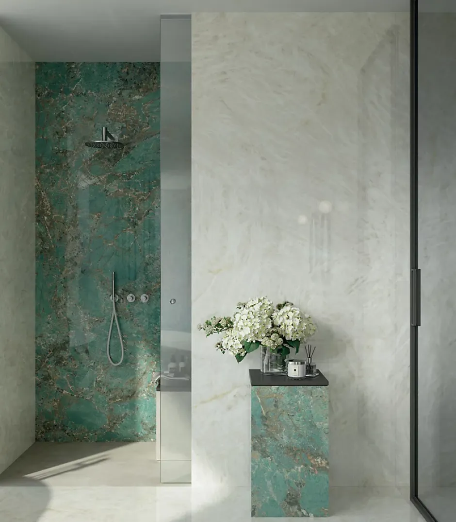 Carrelage effet Pierre Vert Amazonite 278x120x0,6 cm Brillant Florenza - Mur intérieur (vendu par carton de 3,336 m²) - RO'MA CARR-Ro'Ma Carrelage