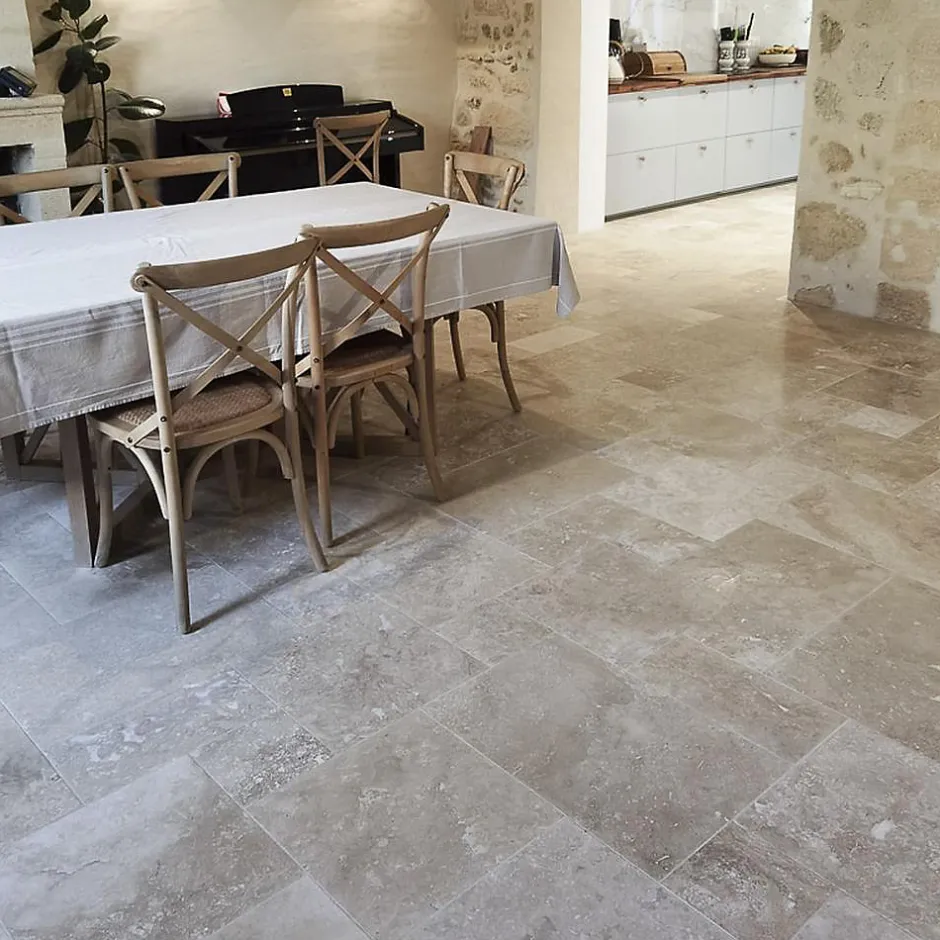 Carrelage en travertin light adouci rebouché PREMIUM - Opus : 4 formats x 1,2 cm - Vendu par lot de 0,74 m²-Ligerio Best