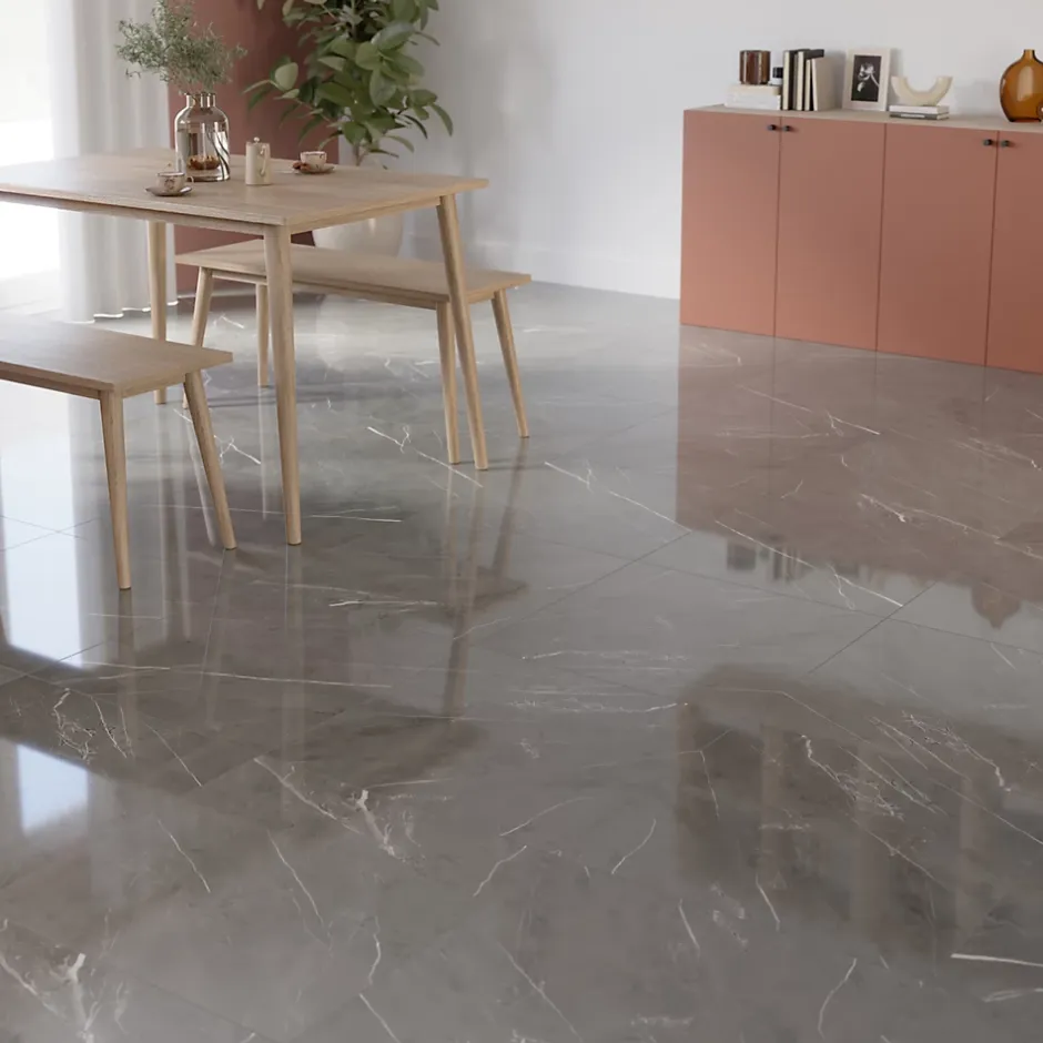 GoodHome Carrelage intérieur sol et mur gris foncé effet marbre brillant L.59.5 x l.59.5 cm x ép.9 mm, Ultimate Marble