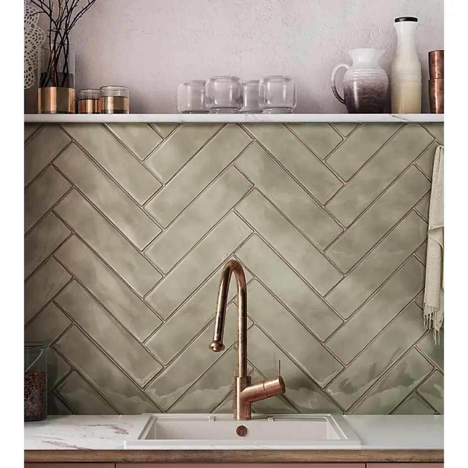 Carrelage mur effet zellige vert kaki 7,5x30 cm MASIA OLIVE-Aelle Carrelage New