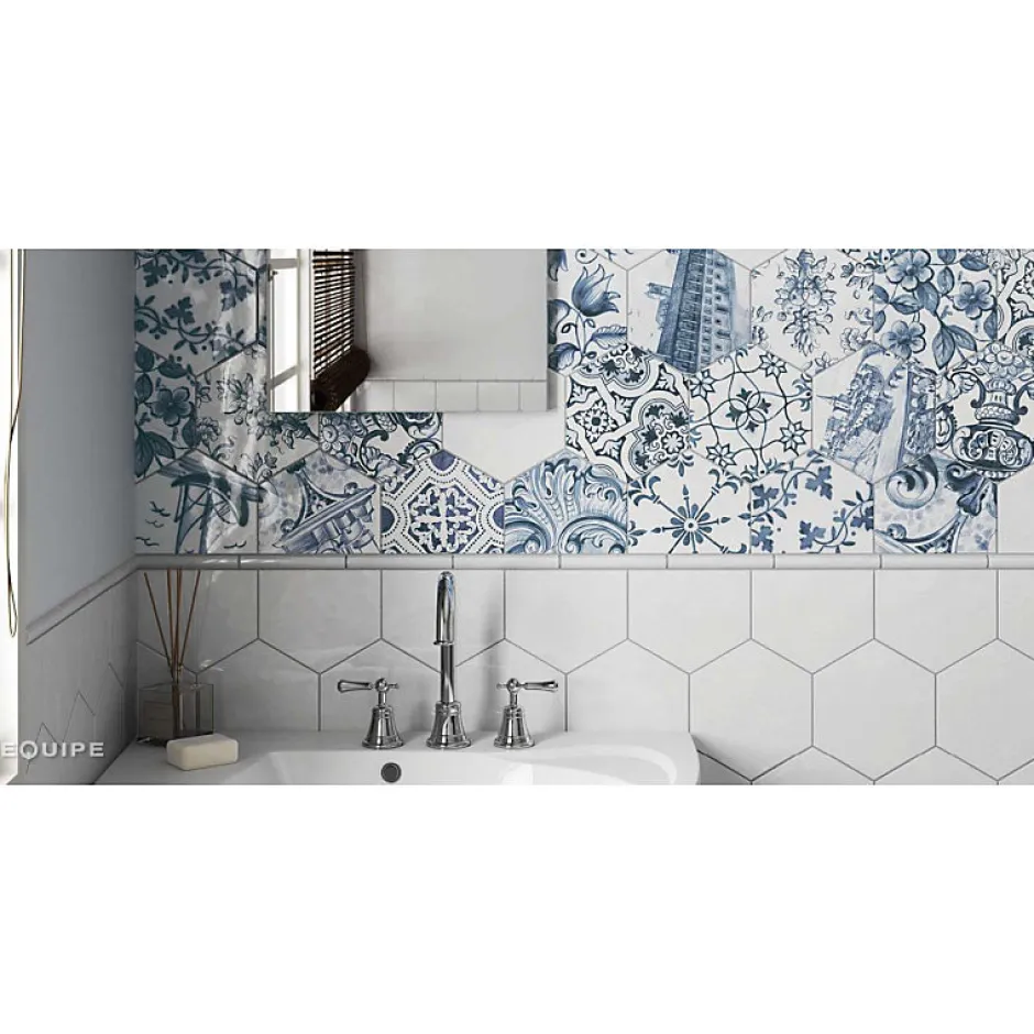 Carrelage mur hexagonal patchwork motif bleu et blanc brillant 17,6x20,1 cm HEXATILE PATCHWORK LISBOA-Aelle Carrelage New