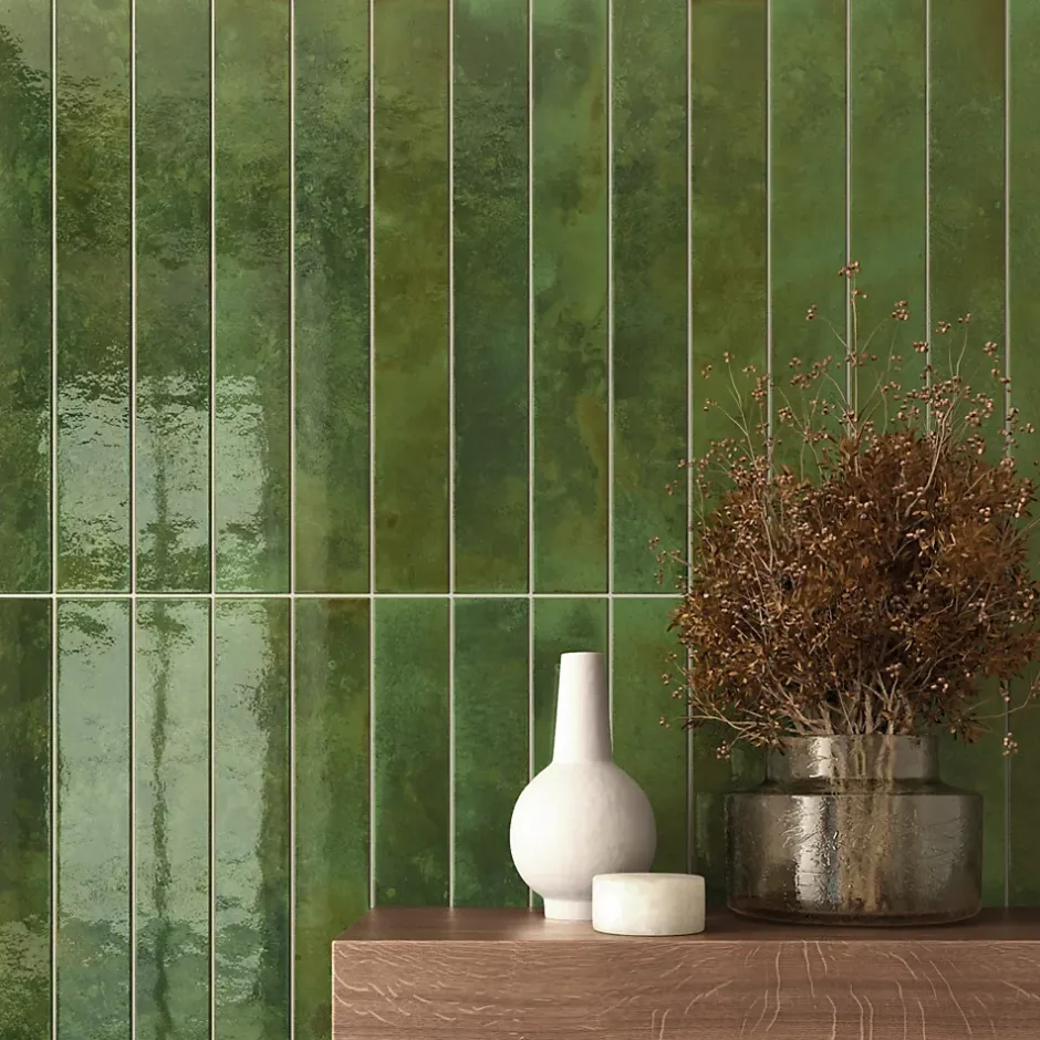Carrelage Mur Intérieur Format allongé Vert Brillant. Bali Green 5x40 cm-Lux Mosaic Online