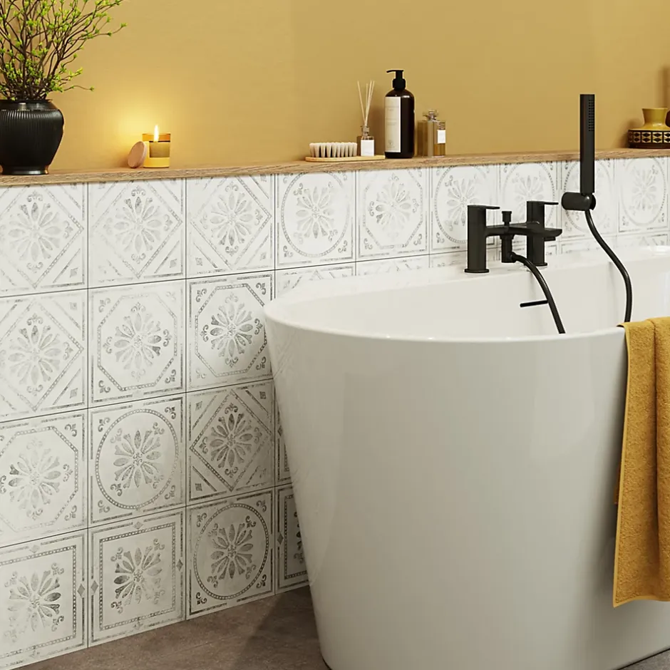 Carrelage mural interieur effet carreau de ciment blanc et béton L.20 x l.20 cm x ép.8,2 mm, Koney-GoodHome Hot