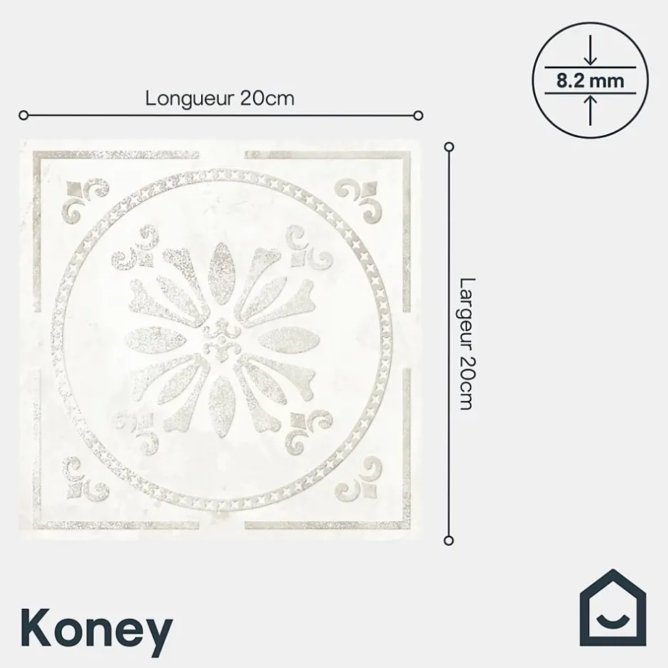 Carrelage mural interieur effet carreau de ciment blanc et béton L.20 x l.20 cm x ép.8,2 mm, Koney-GoodHome Hot