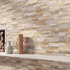 Carrelage mural intérieur effet pierre beige décor quartzite 3D L.60 x l.30 cm x ép.8,2 mm, Quartz 3D- Online