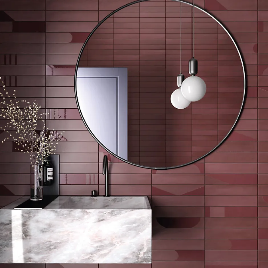 Aelle Carrelage Carrelage sol / mur brique déco mixe mate et brillant effet béton rouge 6x30 cm WADI DECOR GARNET