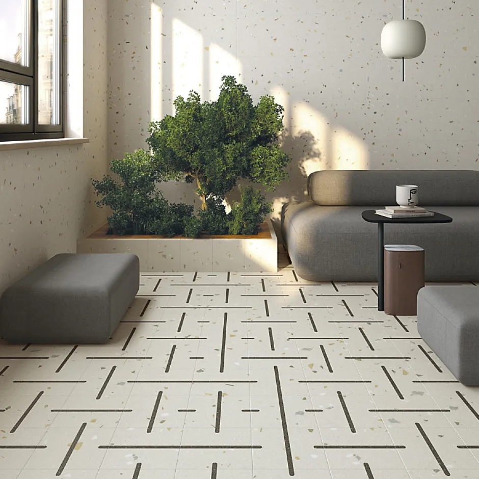 Eiffel art construction Carrelage sol / mur effet terrazzo 20x20 cm Croccante Cannoli Grafito(vendu par boite de 1m2)