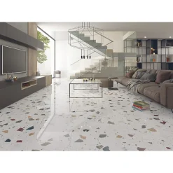 Eiffel art construction Carrelage sol / mur effet terrazzzo coloré brillant 80x80 cm STRACCIATELLA NACAR POLISHED(vendu par boite 1.26m2)