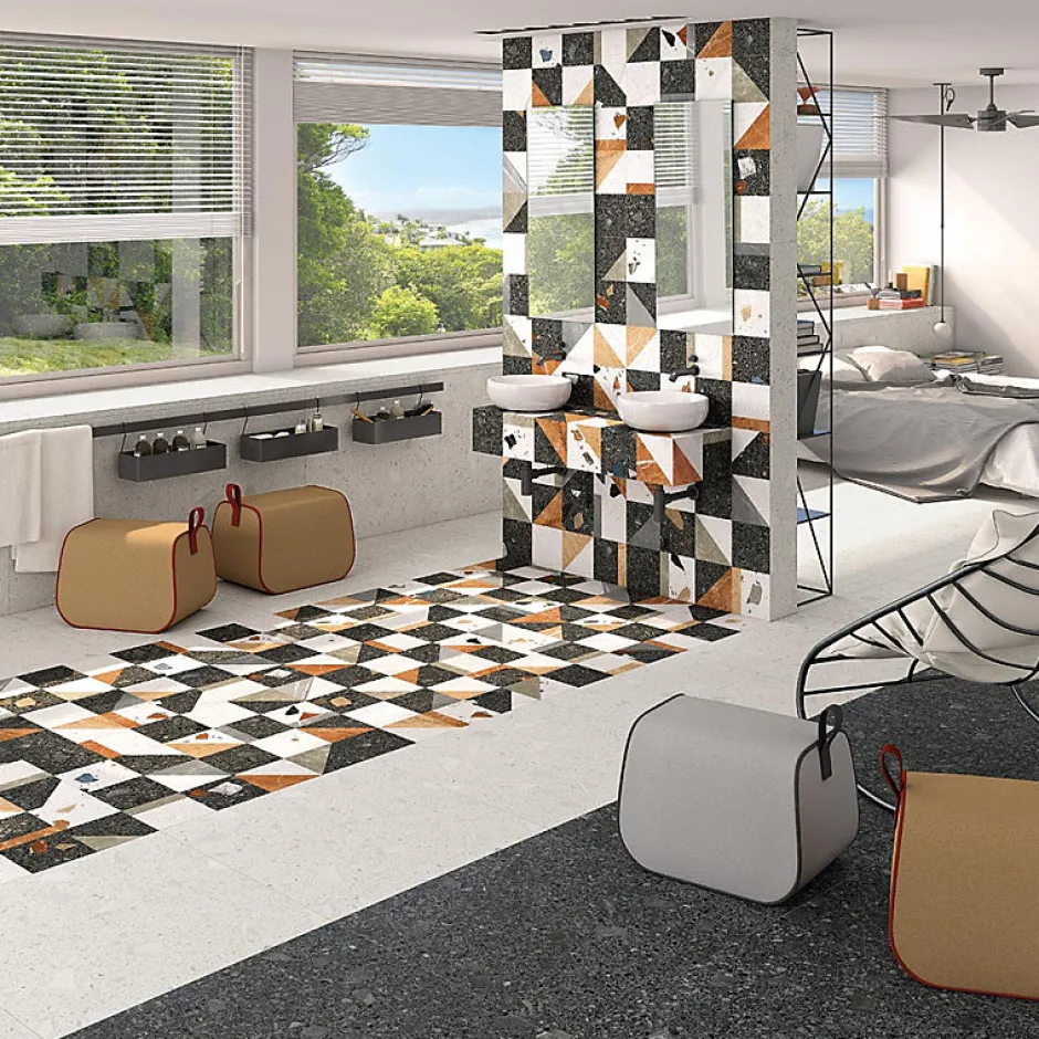 Eiffel art construction Carrelage sol / mur effet terrazzo blanc 80x80 cm MISCELA R NACAR(vendu par boite de 1.28m2)