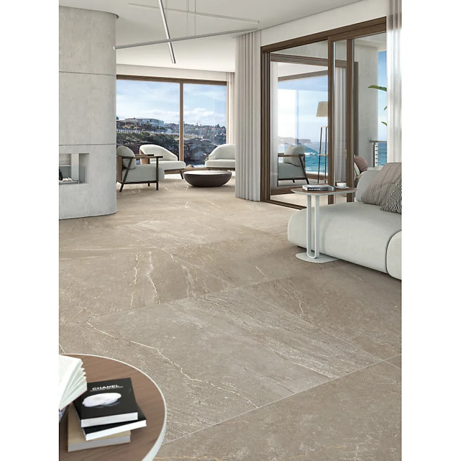 Carrelage sol / mur effet pierre taupe 80x80 cm BETILO R TAUPE-Aelle Carrelage Discount