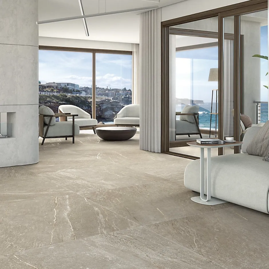 Carrelage sol / mur effet pierre taupe 80x80 cm BETILO R TAUPE-Aelle Carrelage Discount