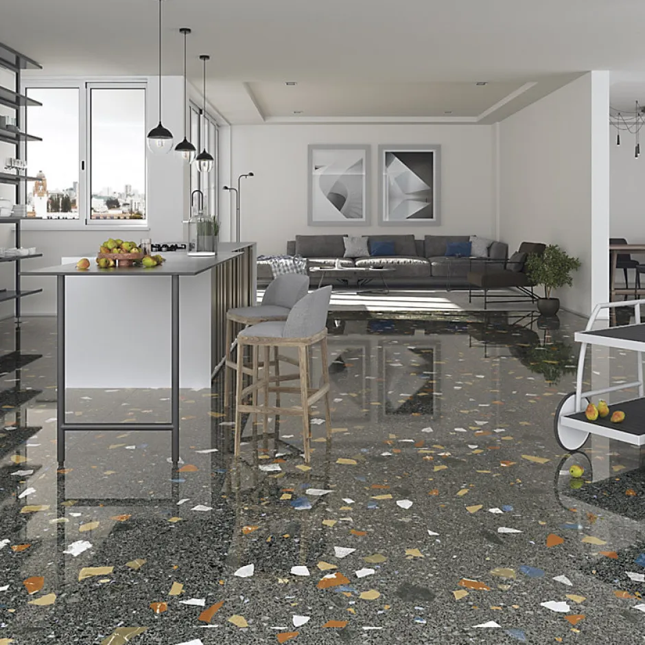 Carrelage sol / mur effet terrazzzo coloré brillant 80x80 cm STRACCIATELLA GRAFITO POLISHED(vendu par boite 1.26m2)-Eiffel art construction Discount