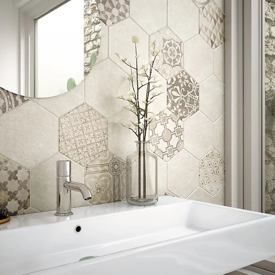 Carrelage sol / mur hexagonal effet ciment patchwork beige 17,5x20 cm HEXATILE CEMENT GARDEN SAND-Aelle Carrelage Online