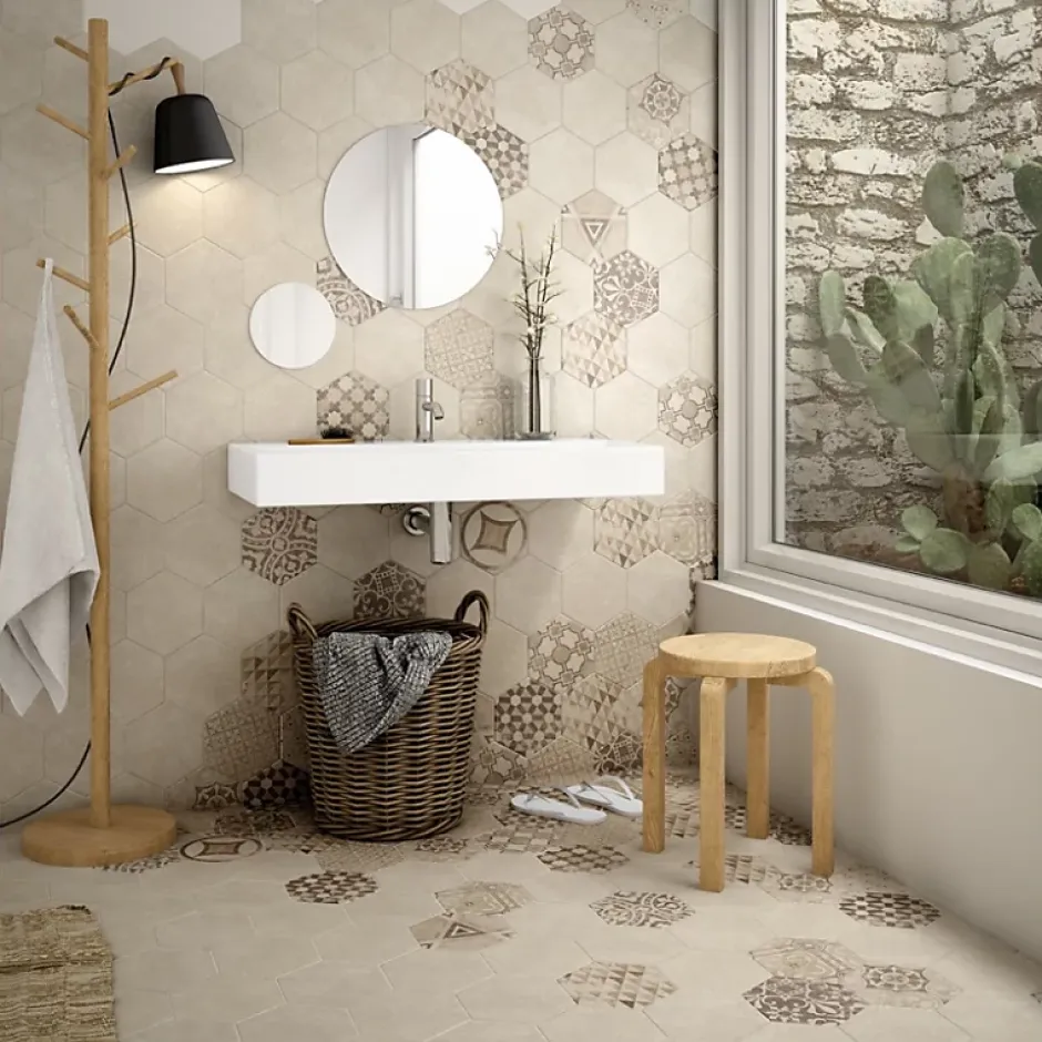 Carrelage sol / mur hexagonal effet ciment patchwork beige 17,5x20 cm HEXATILE CEMENT GARDEN SAND-Aelle Carrelage Online