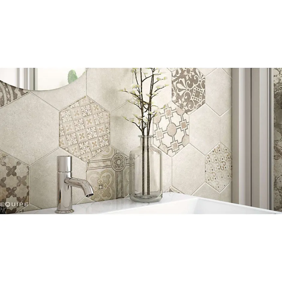 Carrelage sol / mur hexagonal effet ciment patchwork beige 17,5x20 cm HEXATILE CEMENT GARDEN SAND-Aelle Carrelage Online