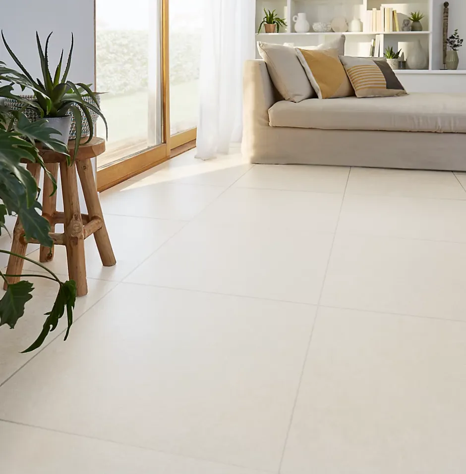 Carrelage sol blanc cassé effet béton L.60 x l.60 cm x ép.10 mm, Smooth-GoodHome Hot