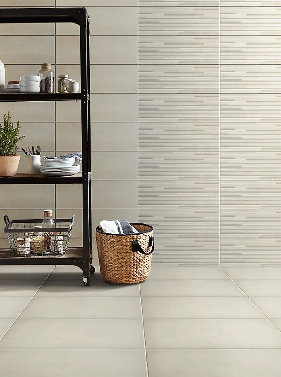 GoodHome Carrelage sol effet béton ivoire L.61,7 x l.30,7 cm x ép.7,4 mm, Konkrete