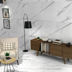 Rentside Carrelage sol effet marbre brillant blanc l.120 x L.60 cm Statuario