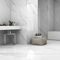 Rentside Carrelage sol effet marbre brillant blanc l.120 x L.60 cm Statuario